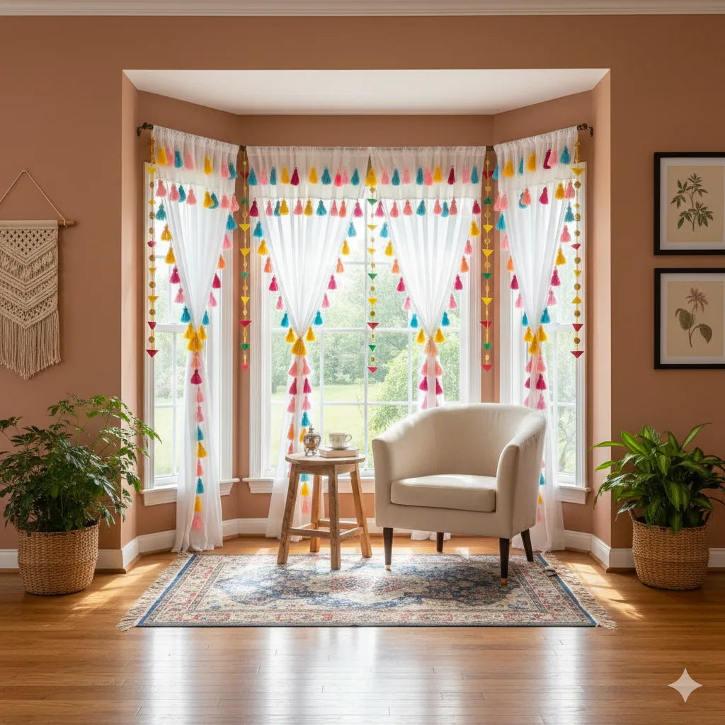 White Double Layer Ruffle Curtain with Tassels | Light-Filtering Sheer for Living Room & Bedroom