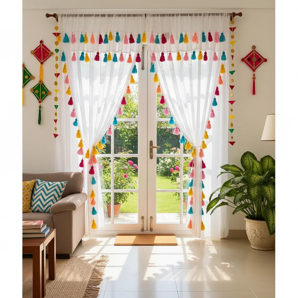 White Double Layer Ruffle Curtain with Tassels | Light-Filtering Sheer for Living Room & Bedroom