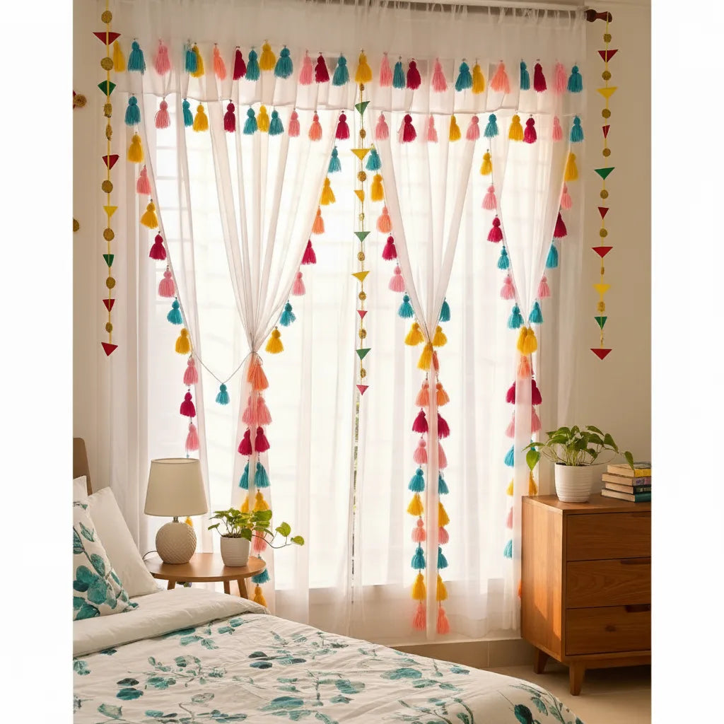 White Double Layer Ruffle Curtain with Tassels | Light-Filtering Sheer for Living Room & Bedroom