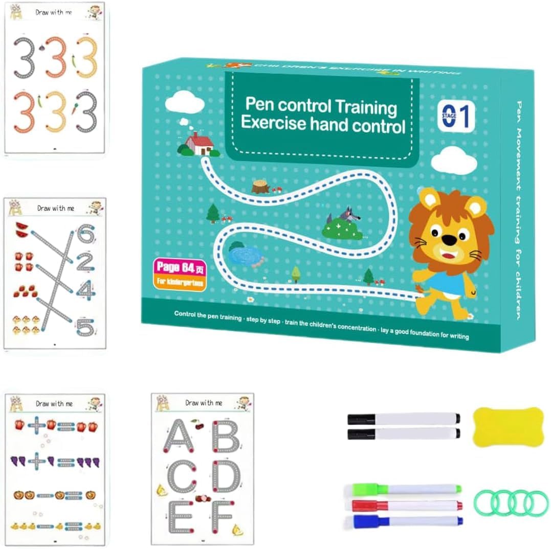 Reusable Magic Tracing Workbook for Kids – 64 Pages Learning Kit with Erasable Pens & Duster