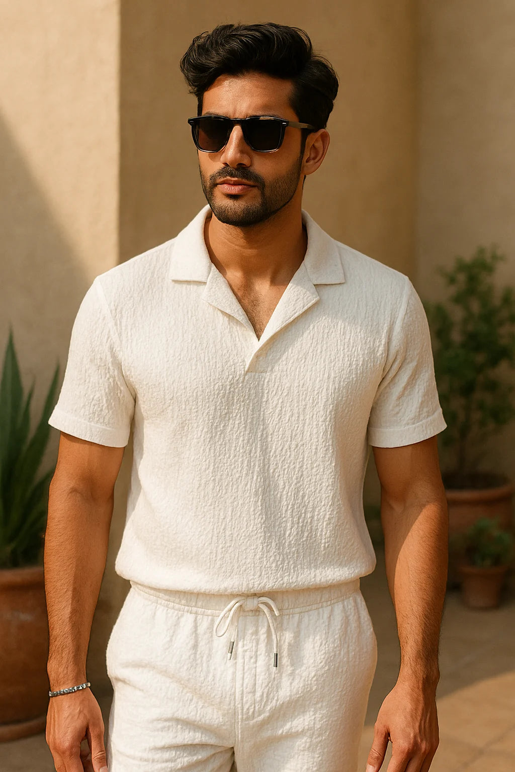 Men's Crinkled Co-Ord Set White - 50% Off For Today Only!