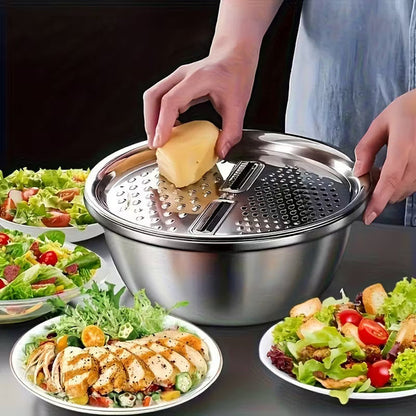 3-in-1 Multipurpose Kitchen Bowl™ | Premium Stainless Steel Cutter + Grater + Drain Basket