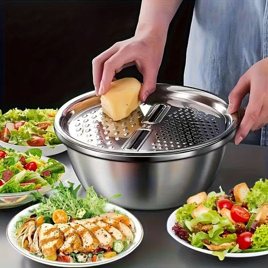 3-in-1 Multipurpose Kitchen Bowl™ | Premium Stainless Steel Cutter + Grater + Drain Basket