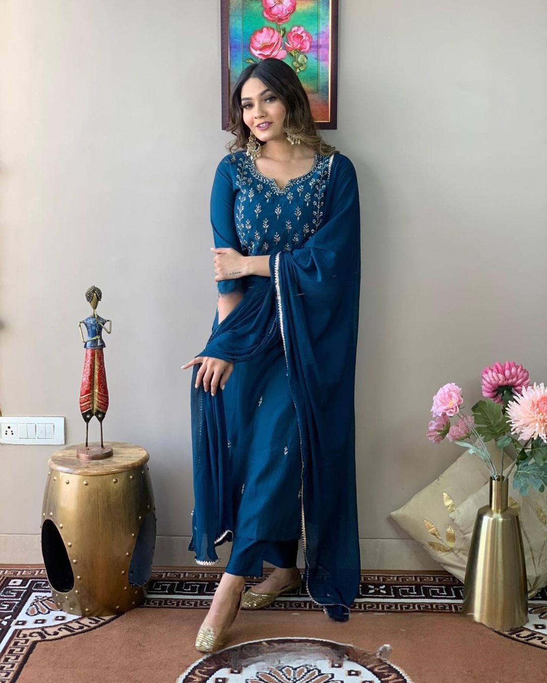 Fabby™ Elegant Blue Embroidered Party Wear Kurta Set with Pants and Dupatta