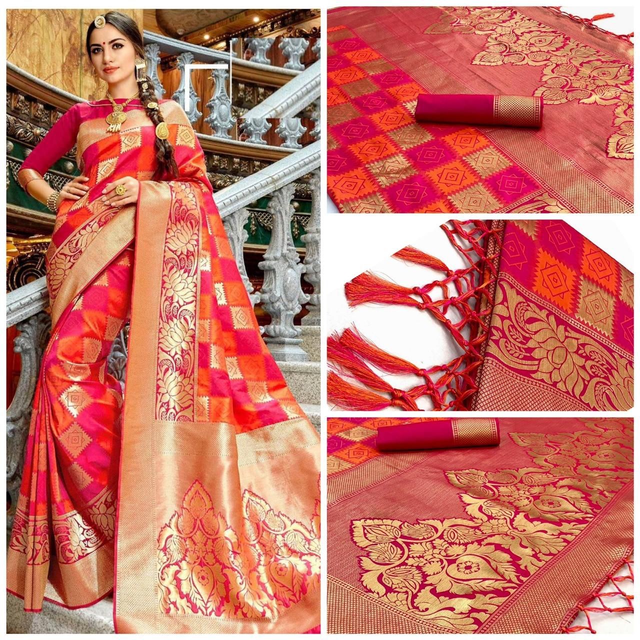 Fabby™ Pink and Red Beautiful Rich Pallu and Jacquard Soft Silk Saree