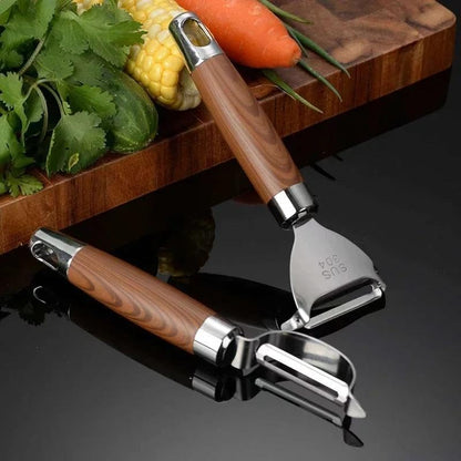 2 Pcs Stainless Steel Vegetable Peeler Set with Wooden Handle