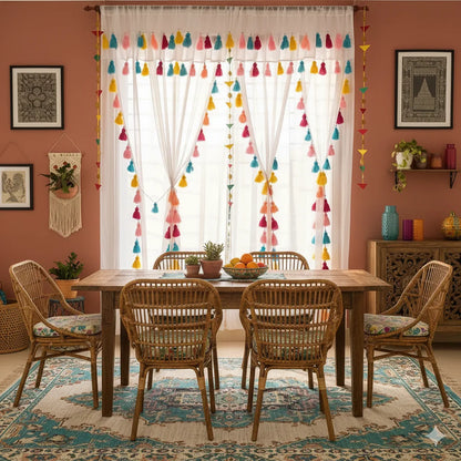 White Double Layer Ruffle Curtain with Tassels | Light-Filtering Sheer for Living Room & Bedroom