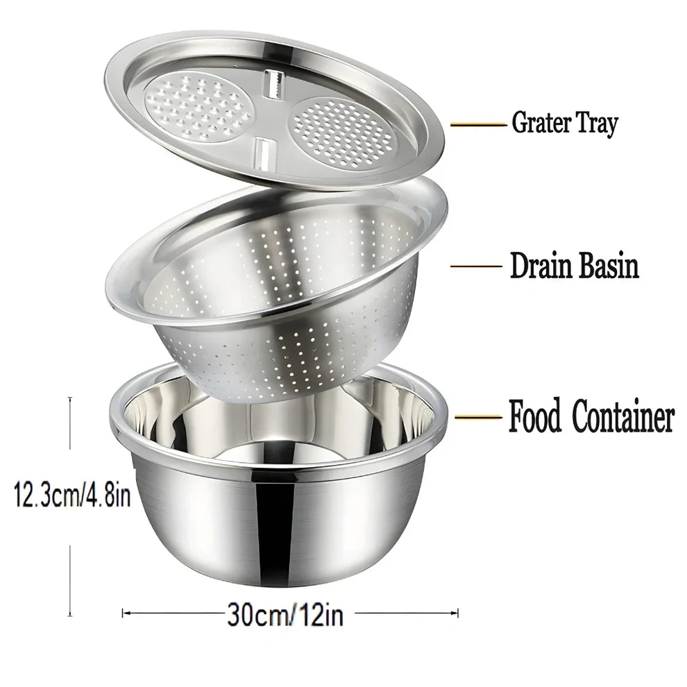 3-in-1 Multipurpose Kitchen Bowl™ | Premium Stainless Steel Cutter + Grater + Drain Basket