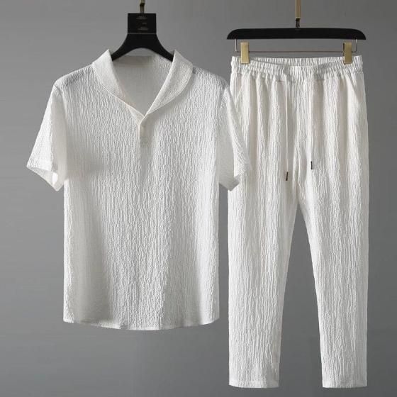 Men's Crinkled Co-Ord Set White - 50% Off For Today Only!