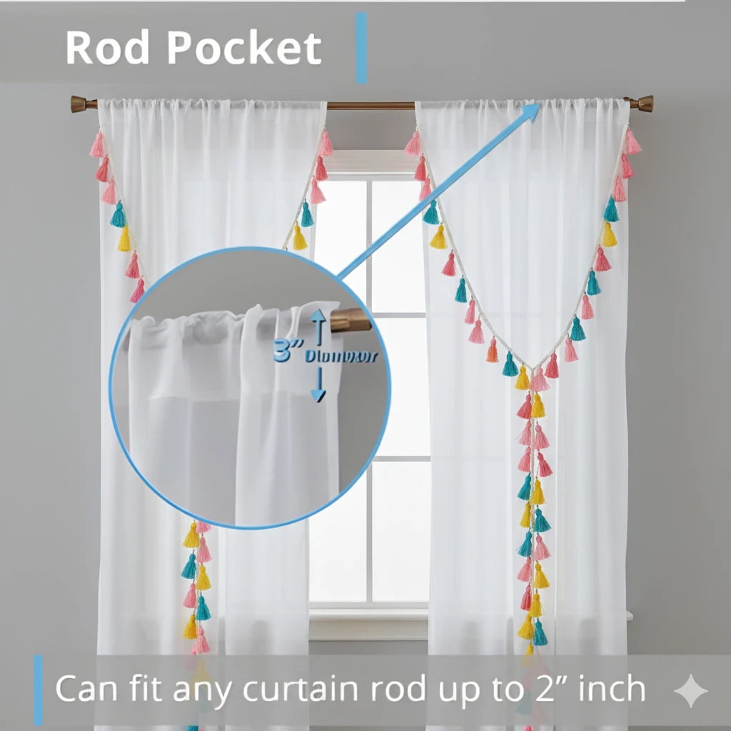 White Double Layer Ruffle Curtain with Tassels | Light-Filtering Sheer for Living Room & Bedroom
