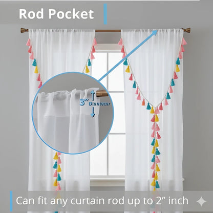 White Double Layer Ruffle Curtain with Tassels | Light-Filtering Sheer for Living Room & Bedroom