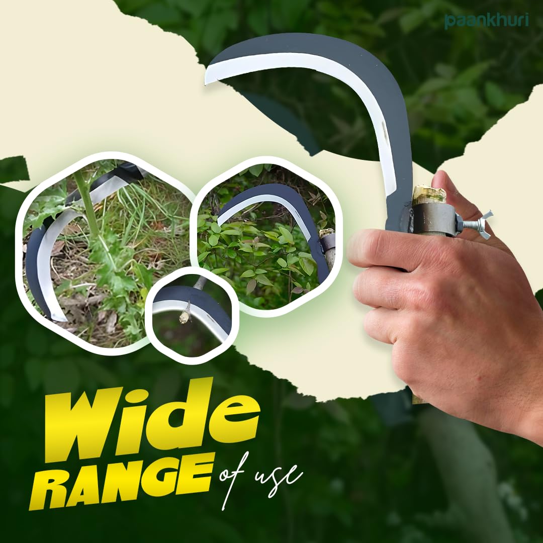 BladeMax™ Manual Grass and Weed Cutter – Silver Manganese Steel Curved Blade with Adjustable Handle Clamp (20cm