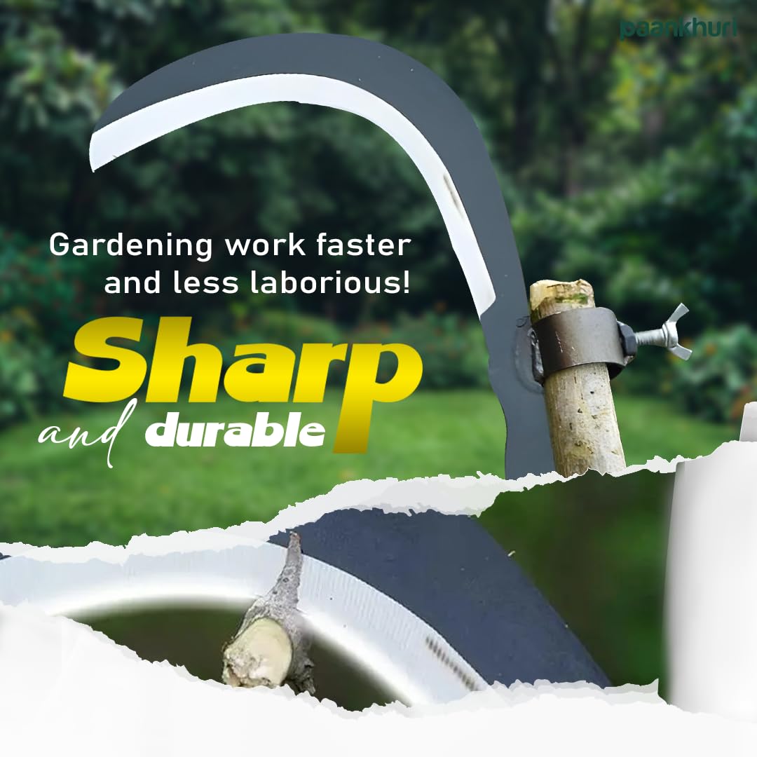 BladeMax™ Manual Grass and Weed Cutter – Silver Manganese Steel Curved Blade with Adjustable Handle Clamp (20cm