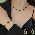 Oval Green Crystal Pendant Necklace Set With Bracelet