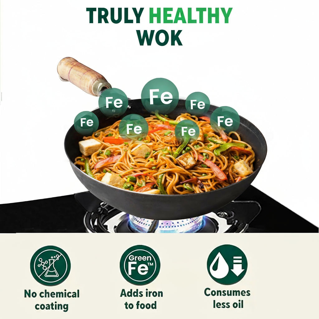 Pre-Seasoned Pure Non-Stick Iron Pot/ Kadhai – 10 Inch (25.4cm), 2.2L  | Wooden Handle | 100% Toxin-Free, No Chemical Coating | Gas Stove Compatible