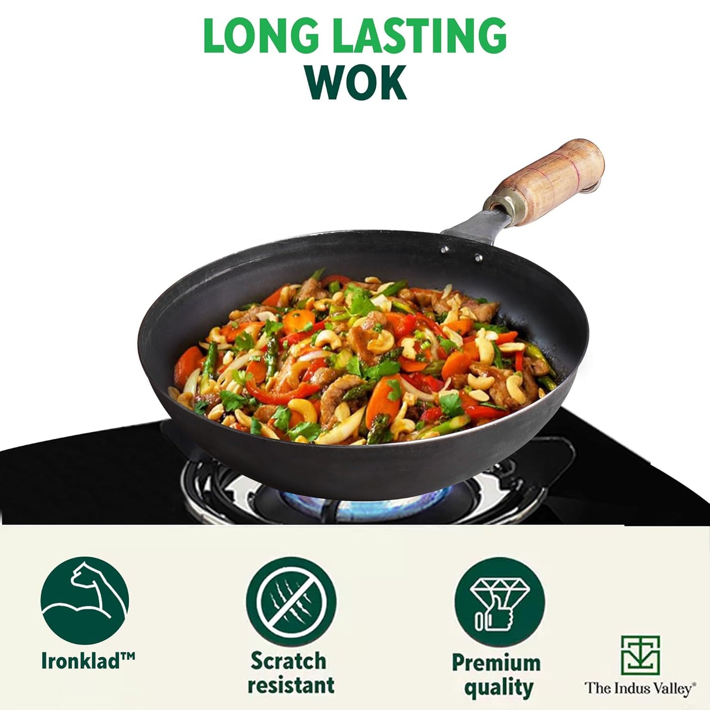 Pre-Seasoned Pure Non-Stick Iron Pot/ Kadhai – 10 Inch (25.4cm), 2.2L  | Wooden Handle | 100% Toxin-Free, No Chemical Coating | Gas Stove Compatible