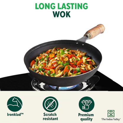 Pre-Seasoned Pure Non-Stick Iron Pot/ Kadhai – 10 Inch (25.4cm), 2.2L  | Wooden Handle | 100% Toxin-Free, No Chemical Coating | Gas Stove Compatible
