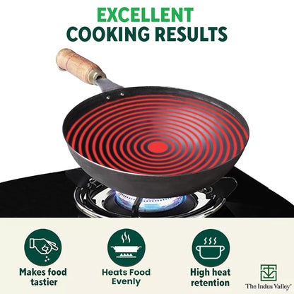 Pre-Seasoned Pure Non-Stick Iron Pot/ Kadhai – 10 Inch (25.4cm), 2.2L  | Wooden Handle | 100% Toxin-Free, No Chemical Coating | Gas Stove Compatible