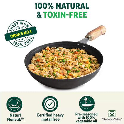 Pre-Seasoned Pure Non-Stick Iron Pot/ Kadhai – 10 Inch (25.4cm), 2.2L  | Wooden Handle | 100% Toxin-Free, No Chemical Coating | Gas Stove Compatible