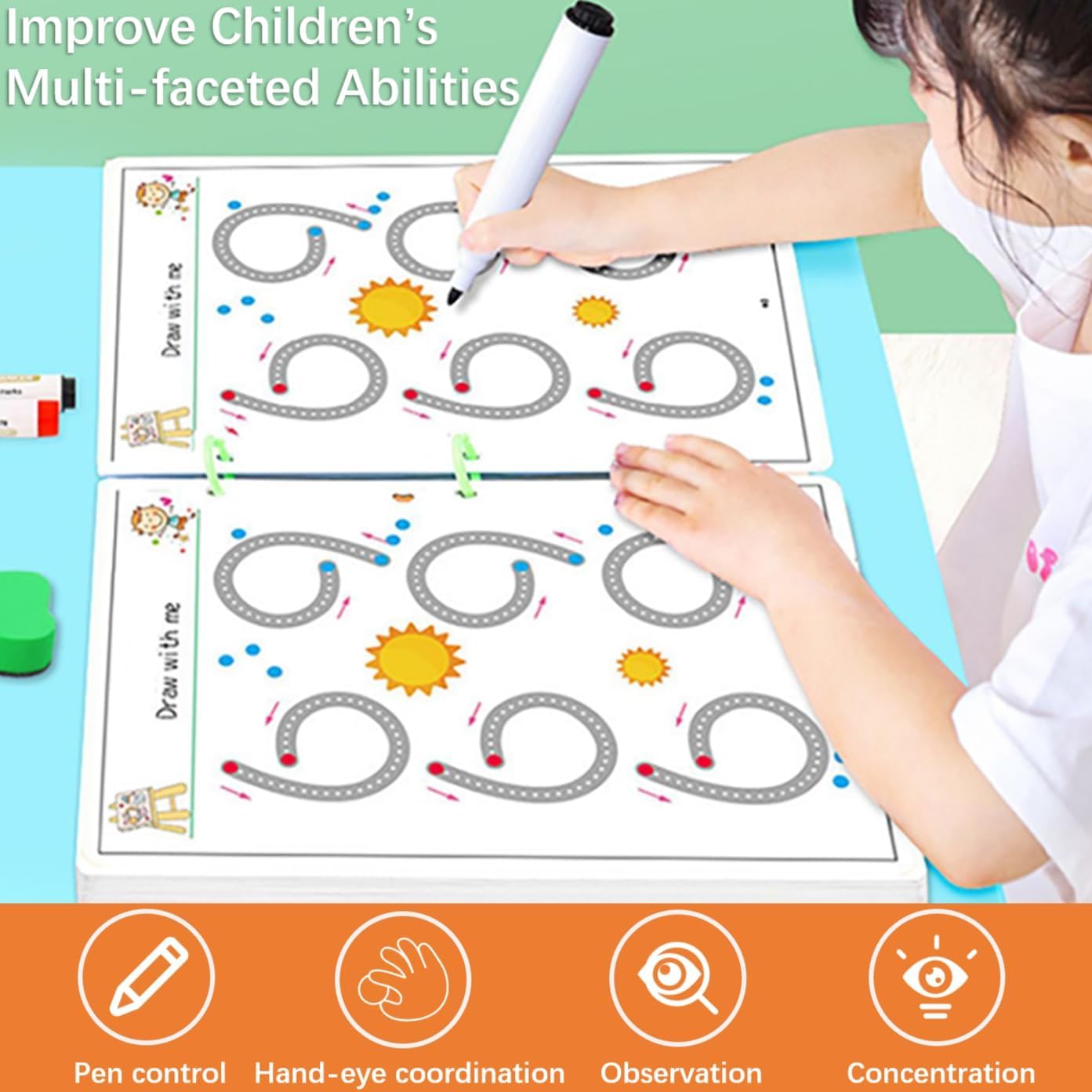 Reusable Magic Tracing Workbook for Kids – 64 Pages Learning Kit with Erasable Pens & Duster