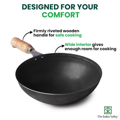 Pre-Seasoned Pure Non-Stick Iron Pot/ Kadhai – 10 Inch (25.4cm), 2.2L  | Wooden Handle | 100% Toxin-Free, No Chemical Coating | Gas Stove Compatible