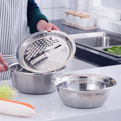 3-in-1 Multipurpose Kitchen Bowl™ | Premium Stainless Steel Cutter + Grater + Drain Basket