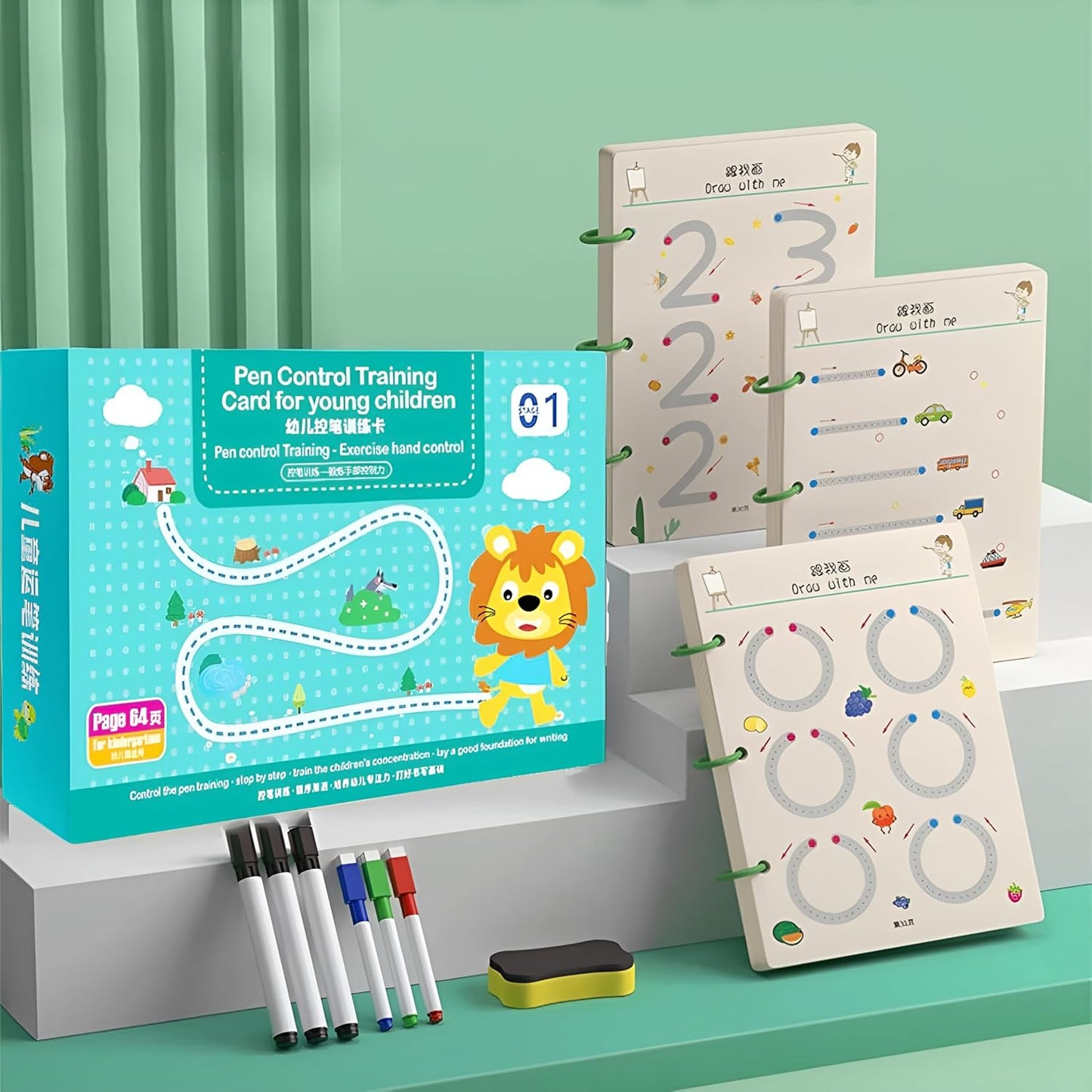 Reusable Magic Tracing Workbook for Kids – 64 Pages Learning Kit with Erasable Pens & Duster