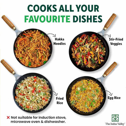 Pre-Seasoned Pure Non-Stick Iron Pot/ Kadhai – 10 Inch (25.4cm), 2.2L  | Wooden Handle | 100% Toxin-Free, No Chemical Coating | Gas Stove Compatible