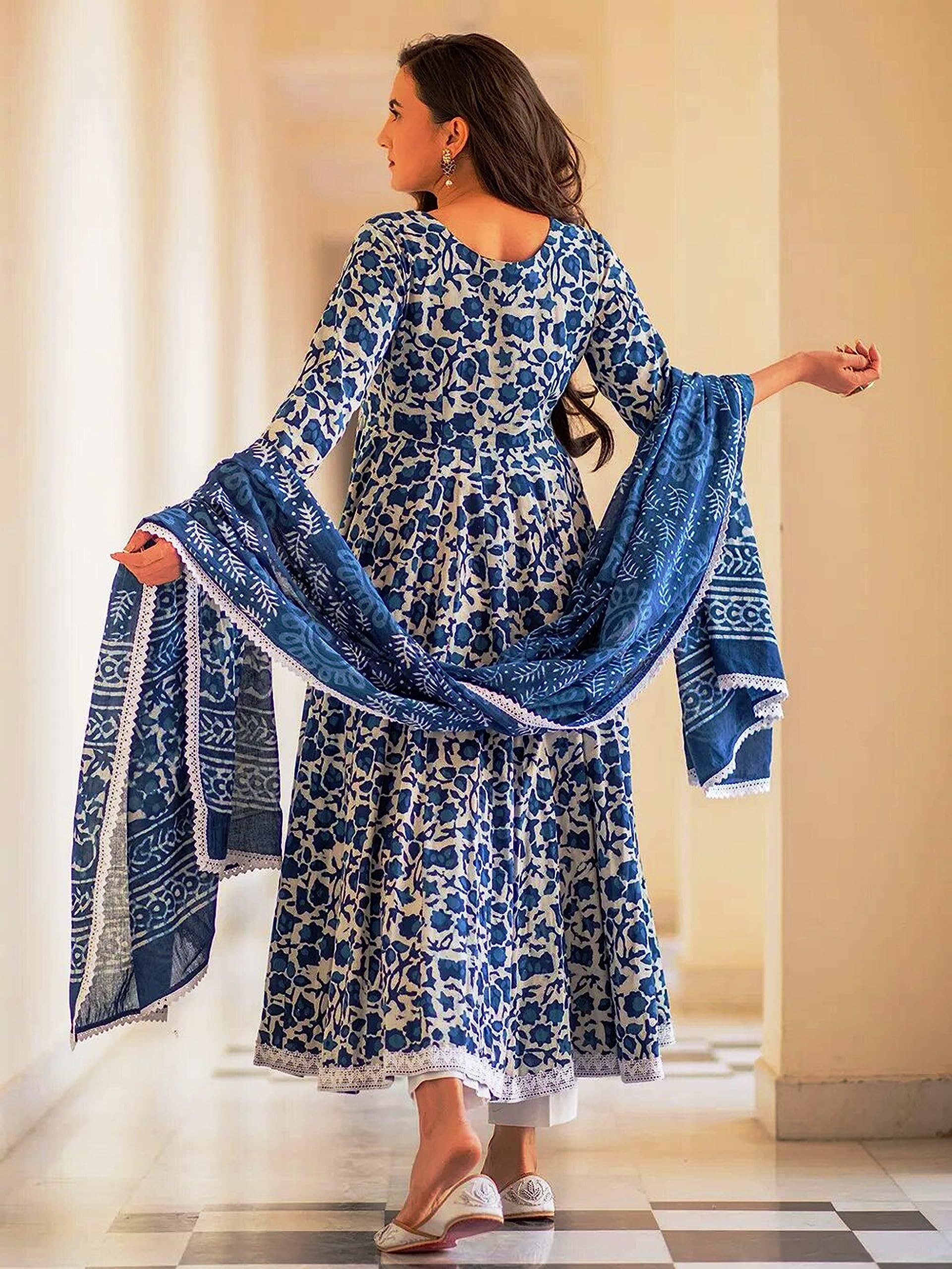Fabby™ Royal Blue & White Fancy Wear Kurti Set with Bottom and Dupatta