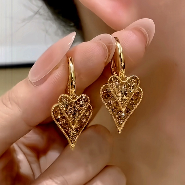 14K Gold-Plated Elegant Double-Layer Brown Zircon Heart Tassel Earrings