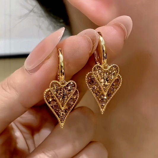 14K Gold-Plated Elegant Double-Layer Brown Zircon Heart Tassel Earrings
