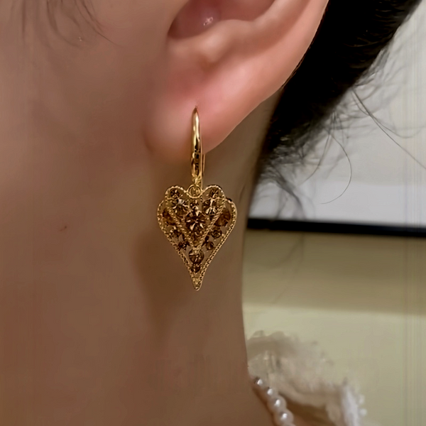 14K Gold-Plated Elegant Double-Layer Brown Zircon Heart Tassel Earrings