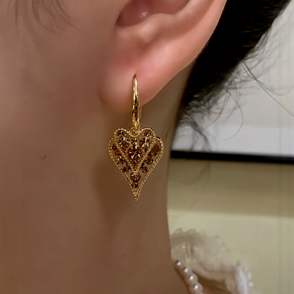 14K Gold-Plated Elegant Double-Layer Brown Zircon Heart Tassel Earrings