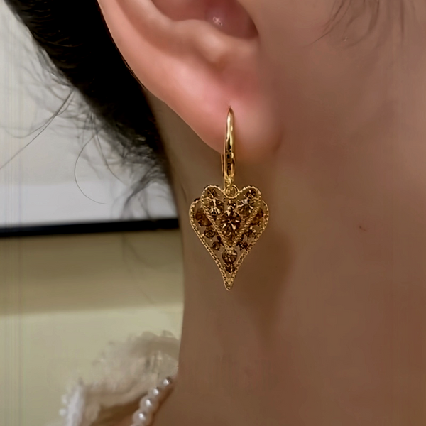 14K Gold-Plated Elegant Double-Layer Brown Zircon Heart Tassel Earrings
