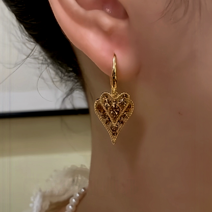 14K Gold-Plated Elegant Double-Layer Brown Zircon Heart Tassel Earrings