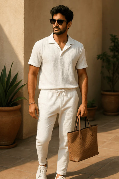 Men's Crinkled Co-Ord Set White - 50% Off For Today Only!