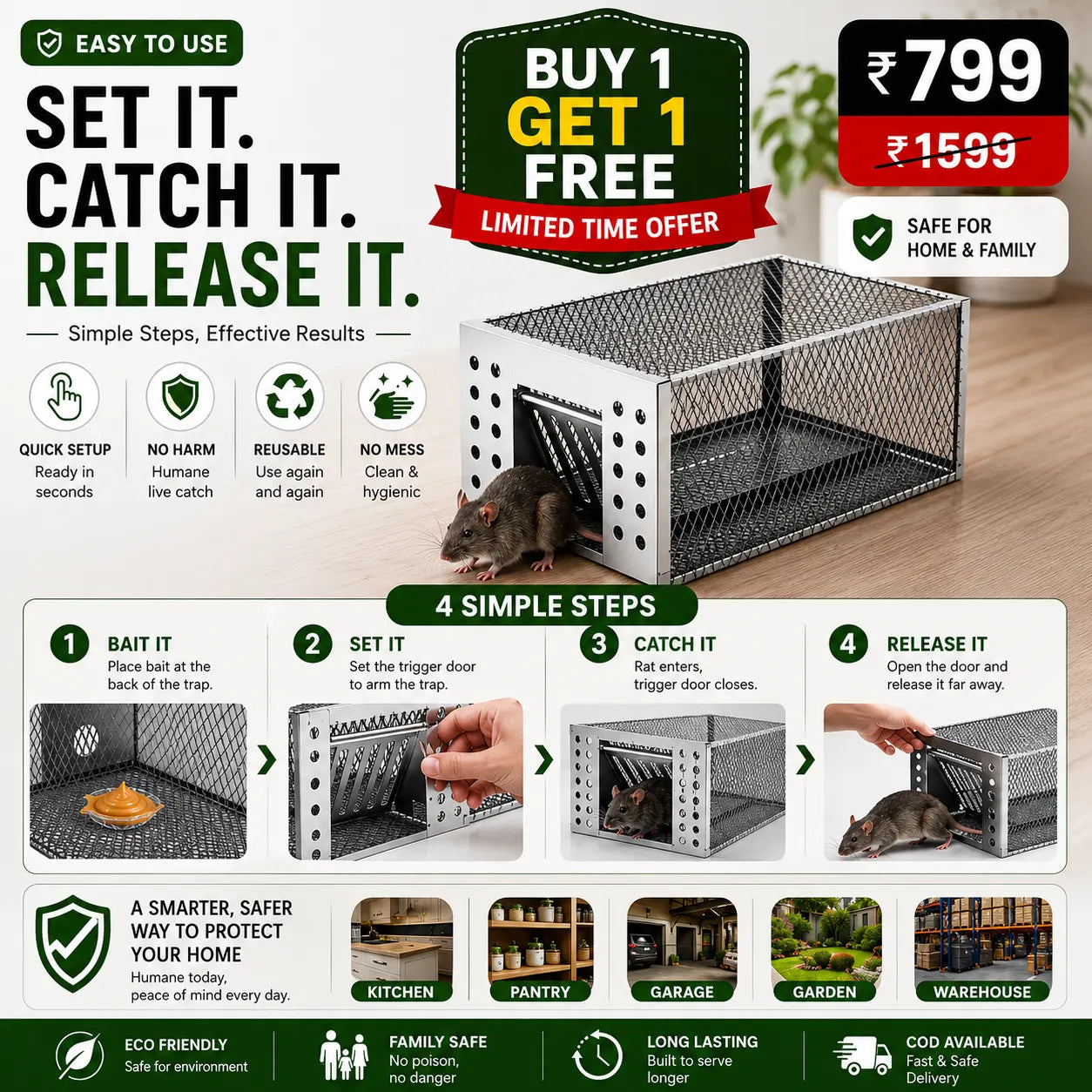 Humane Live Catch & Release Mouse Trap - Buy 1 Get 1 Free