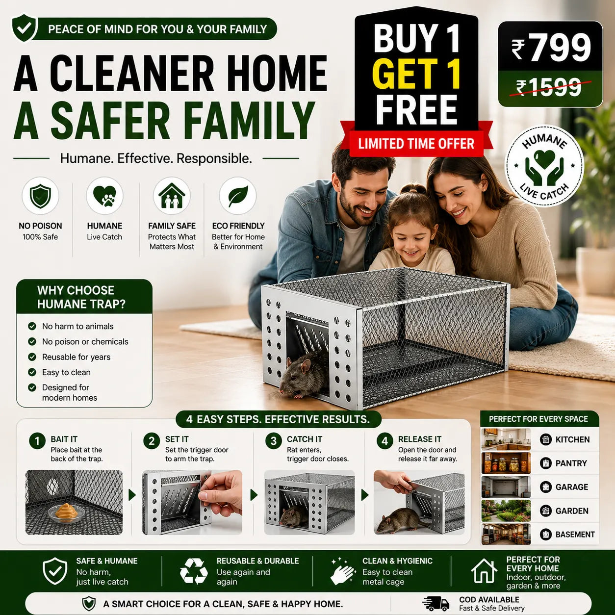 Humane Live Catch & Release Mouse Trap - Buy 1 Get 1 Free