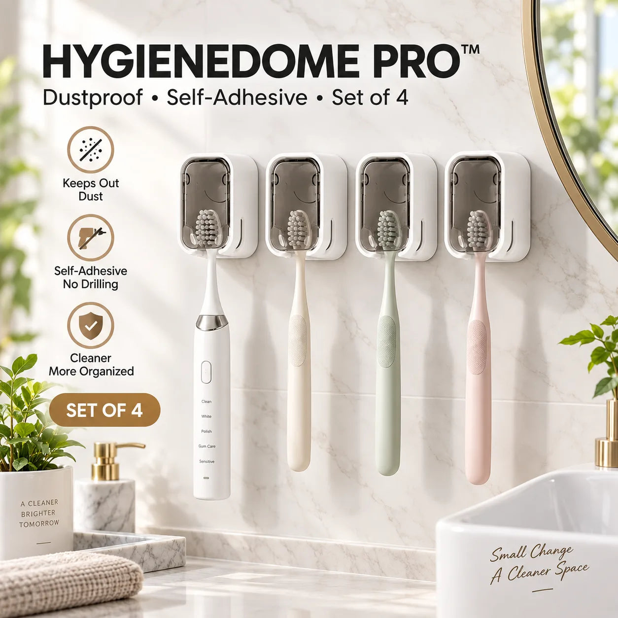 HygieneDome Pro™ – Self-Adhesive Dustproof Toothbrush Holder (Set of 4)
