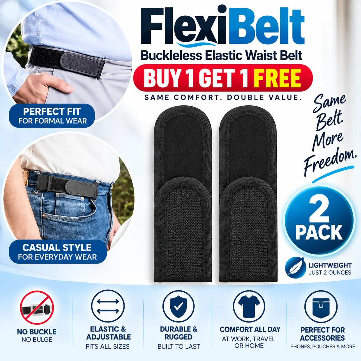 FlexiBelt – Buckleless Elastic Waist Belt (Buy 1 Get 1 Free)