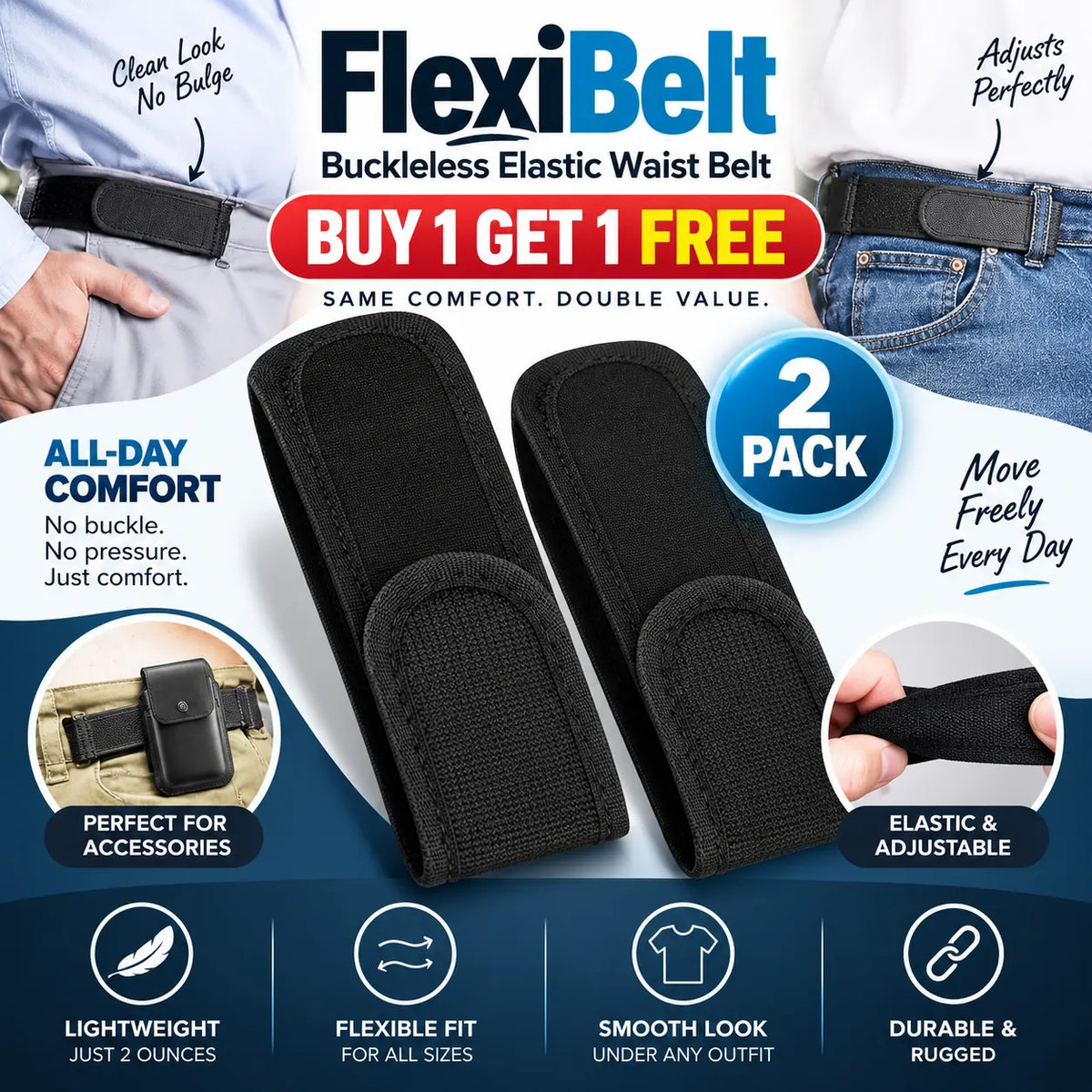 FlexiBelt – Buckleless Elastic Waist Belt (Buy 1 Get 1 Free)