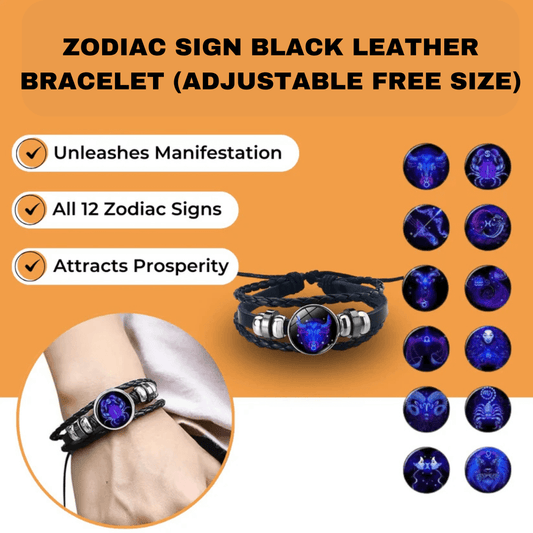 Zodiac Sign Black Leather Bracelet (Adjustable Free Size)