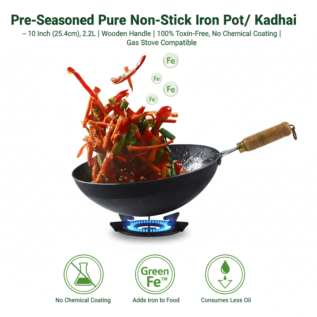 Pre-Seasoned Pure Non-Stick Iron Pot/ Kadhai – 10 Inch (25.4cm), 2.2L  | Wooden Handle | 100% Toxin-Free, No Chemical Coating | Gas Stove Compatible
