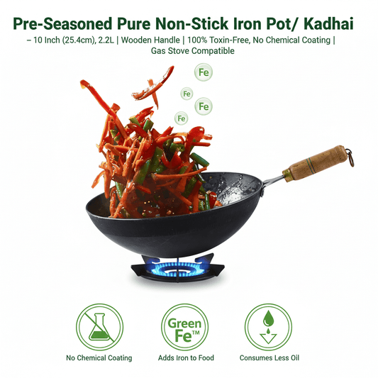 Pre-Seasoned Pure Non-Stick Iron Pot/ Kadhai – 10 Inch (25.4cm), 2.2L  | Wooden Handle | 100% Toxin-Free, No Chemical Coating | Gas Stove Compatible