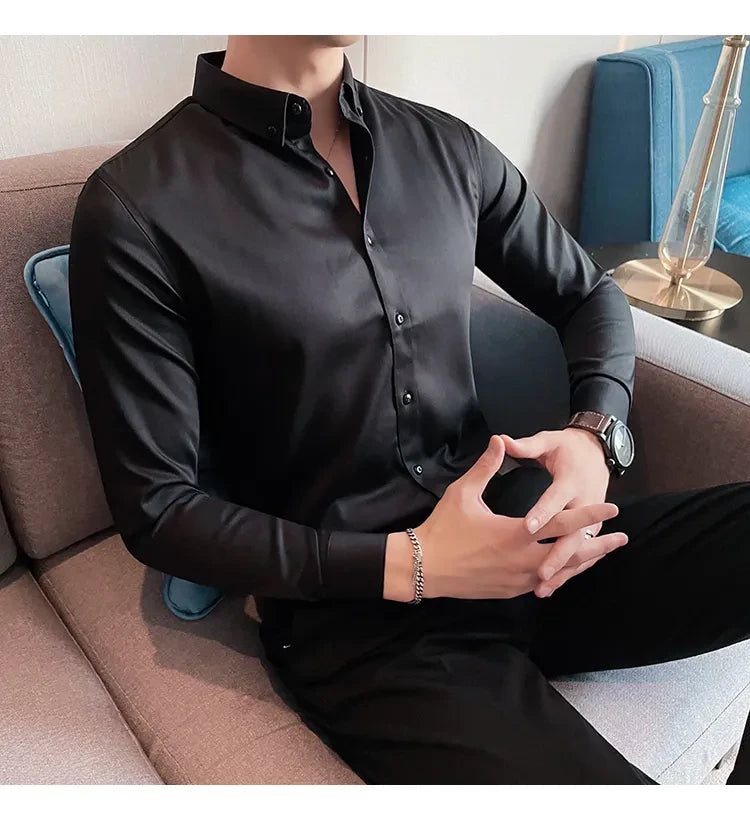 Men Regular Fit Solid Button Down Black Satin Formal Shirt