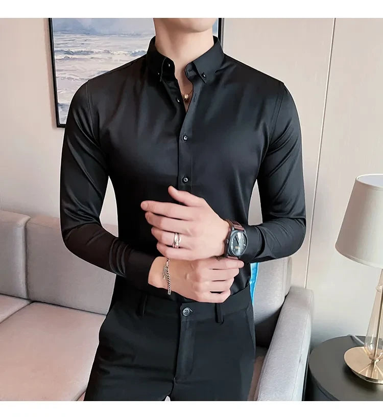Men Regular Fit Solid Button Down Black Satin Formal Shirt