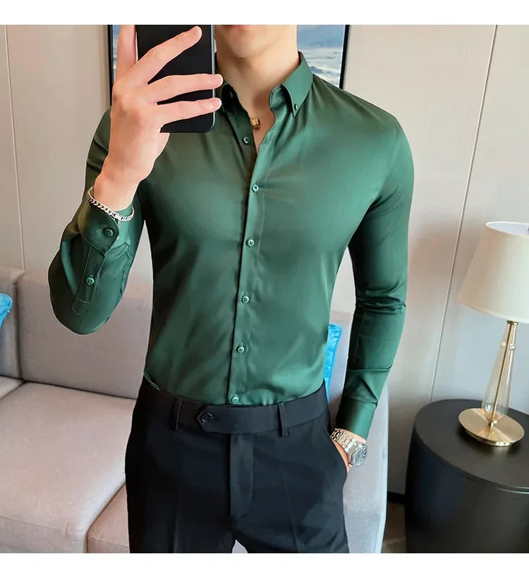 Green Satin Men Regular Fit Solid Button Down Formal Shirt
