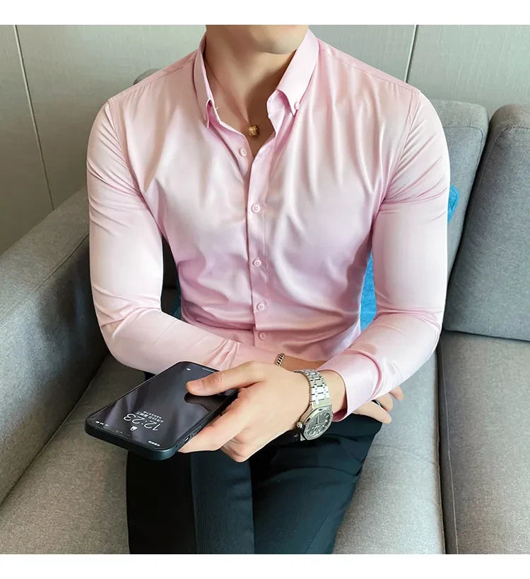Men Regular Fit Solid Button Down Light Pink Satin Formal Shirt