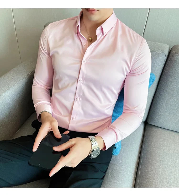 Men Regular Fit Solid Button Down Light Pink Satin Formal Shirt