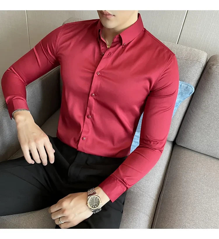 Maroon Satin Men Regular Fit Solid Button Down Formal Shirt